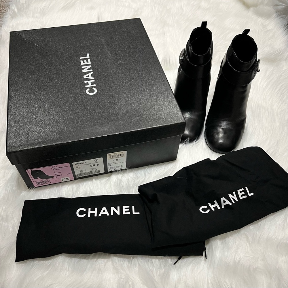 Chanel Block Heeled Leather Booties with Logo Closure